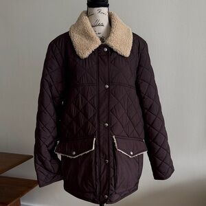 Sam Edelman Black Quilted Puffer Jacket with Cream Shearling Collar